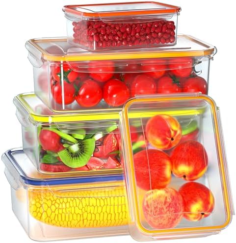 10 PCS Food Storage Containers with Lids Airtight, 100% BPA Free Plastic Meal Prep Containers Reusable, Microwave & Freezer & Dishwasher Safe Clear Leakproof Fruit Vegetables Containers for Kitchen