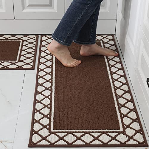 COSY HOMEER Thick 48x20 Inch/30X20 Inch Kitchen Rug Mats Made of 100% Polypropylene 2 Pieces Soft Kitchen Mat Specialized in Anti Slippery and Machine Washable (Brown)