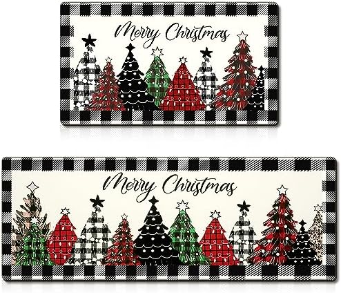 Ceenna 2 Pcs Merry Chirstmas Kitchen Rugs Sets Floor Mats Buffalo Plaid Xmas Tree Non-Slip Rugs Winter Low-Profile Floor Mat Christmas Decor for Home 17 x 29 Inch and 17 x 47 Inch (Black White Plaid)