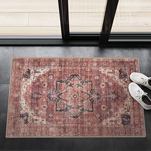 Adiva Rugs Machine Washable Area Rug with Non Slip Backing for Living Room, Bedroom, Bathroom, Kitchen, Printed Vintage Home Decor, Floor Decoration Carpet Mat (Terra, 2' x 3')