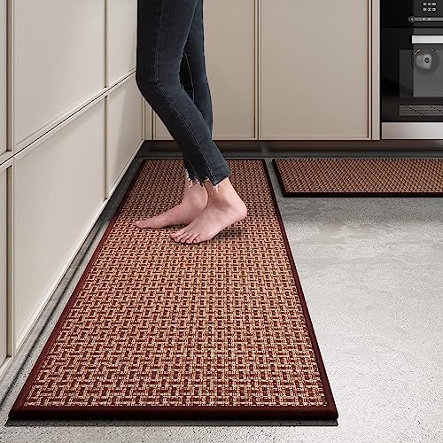 eqivei Kitchen Rugs and Mats Non Skid Washable Set of 2 PCS, Absorbent Runner Rugs for Kitchen, Farmhouse Weave Floor Mats in Front of Sink, 17.3"x 47"+17.3"x 29" (Brown)