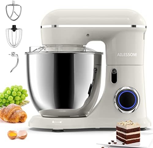 AILESSOM 3-IN-1 Electric Stand Mixer, 660W 10-Speed With Pulse Button, Attachments include 6.5QT Bowl, Dough Hook, Beater, Whisk for Most Home Cooks, Almond Cream