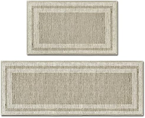 Artoid Mode Rubber Non-Slip Washable Absorbent Kitchen Rugs and Mats Set of 2, Kitchen Mats for Floor Kitchen Runner Hallway Laundry Room in Front of Sink Beige Grey - 17x29 and 17x47 Inch