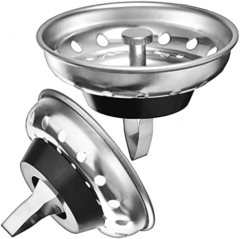 2 Pack - Kitchen Sink Strainer and Stopper Combo Basket Spring Clip Replacement for Standard 3-1/2 inch Drain, Stainless Steel Basket and Rod, Rubber Stopper Bottom