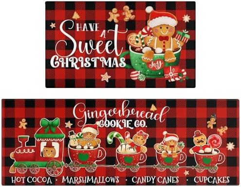 Xsinufn Merry Christmas Kitchen Rugs and Mats Set of 2,Buffalo Plaid Gingerbread Hot Cocoa Xmas Winter Holiday Sink Floor Mat Non Skid Washable for Home Farmhouse Christmas Decor 17"x47"+17"x30"