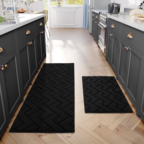 hicorfe Kitchen Rugs and Mats Sets,2 Pieces Super Absorbent Polypropylene Non-Slip Rug,Soft Comfort Floor Mat,Washable for Kitchen,Hallway,Office,Sink,Laundry(20" x 31.5" Plus 20" x 59",Black)