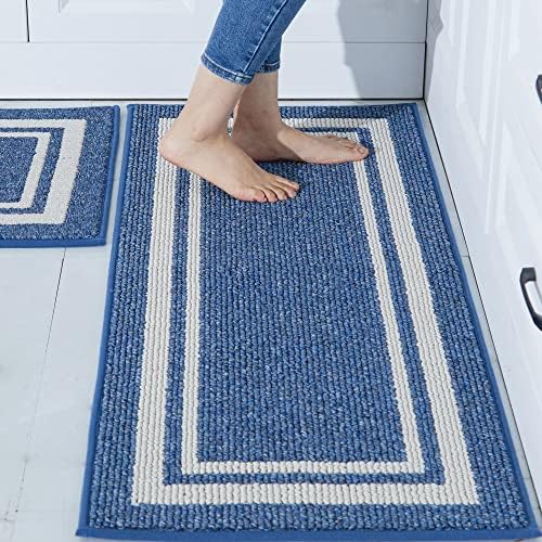 COSY HOMEER Kitchen Rugs Non-Slip 20x30/20x48 Inch Thick Polypropylene Standing Mat for Home Machine Washable, Bule Frame