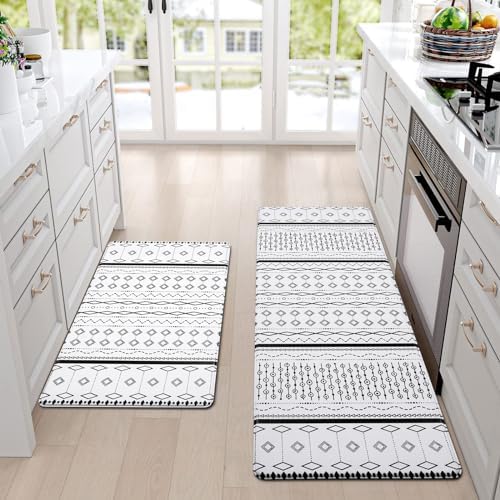 ASPMIZ Modern Kitchen Mat 2 Pcs Cushioned Anti-Fatigue, Geometric Kitchen Rugs Non Slip Memory Foam Kitchen Mats and Rugs Waterproof Kitchen Floor Comfort Mats,18'' x 48'' + 18'' x 30'', White Texture