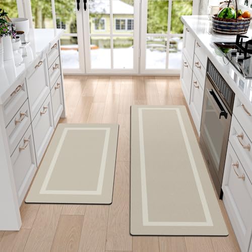 DEXI Kitchen Rugs and Mats for Floor Runner Rug Thin Non Skid Washable Pad Comfort Sink Mat for Laundry Room, Hallway, Set of 2, 17"x29"+17"x59", Beige