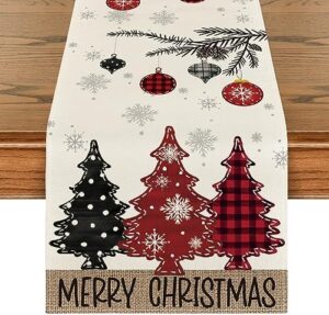 Artoid Mode Red Pine Trees Merry Christmas Table Runner, Winter Xmas Holiday Kitchen Dining Table Decoration for Home Party Decor 13x72 Inch