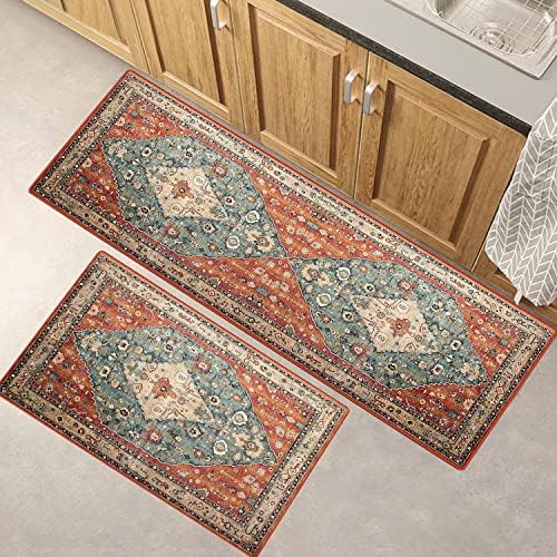 2 PCS Boho Kitchen Rug and Mat, Super Non-Slip Kichen Mats, Kitchen Rugs and mats Non Skid Washable,Bathroom mat,Bohemian Kitchen Runner Rug for Laundry Room Decor(17"x 47" and 17"x 30")