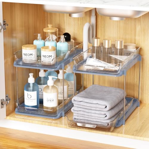 2 PCS Under Sink Organizers and Storage - 2 Tier Clear Bathroom Organizer Countertop, Multifunction Pull out Cabinet Organizer with 4 Movable Dividers, For Home, Kitchen, Office, Cabinet