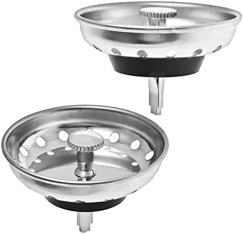 2 Pack - Kitchen Sink Strainer and Stopper Combo Basket Replacement for Standard 3-1/2 inch Drain, Stainless Steel Basket with Plastic Knob, Rubber Stopper Bottom - Hilltop Products