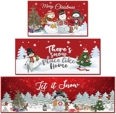 3 Pcs Christmas Kitchen Rug Sets with Runner Rugs and Mats Red Winter Area Rug Let It Snow Kitchen Rugs Absorbent Anti Fatigue Snowmen Kitchen Mat Non Slip Washable Rug for Xmas party Kitchen Decor