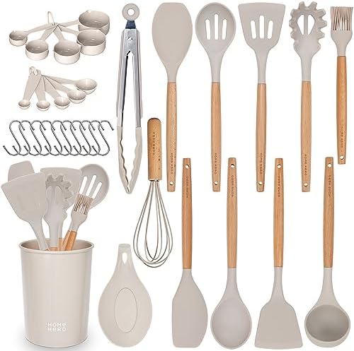 33 Pcs - Home Hero Silicone Kitchen Utensils Set - All-In-One Cooking Utensils Set Spatula Set - Non Stick Heat Resistant First Home Essentials Utensil Sets - Kitchen Gadget Set (33 Pcs Set - Stone)