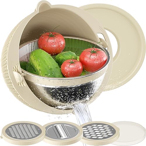 4-1 Colander with Mixing Bowl Set - Strainers for Kitchen, Food Strainers and Colanders, Pasta Strainer, Rice Strainer, Fruit Cleaner, Veggie Wash, Salad Spinner, Apartment & Home Essentials - Beige