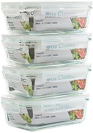 [4-Pack 28oz] Glass Food Storage Containers with Locking Lids - Glass Meal Prep Containers with Lids - Lunch Bento Boxes - 1 Compartment - 4pk Box Set - Transparent Lids - BPA Free and Dishwasher Safe