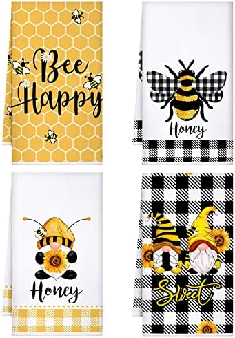 4 Pcs Bee Kitchen Towel Honey Bee Dish Towels Honeycomb Kitchen Towels Bee Bath Tea Towels Bee Hand Polyester Towel Bee Dish Cloths Absorbent for Kitchen Bathroom Home 16 x 24 Inches (Yellow, Bee)