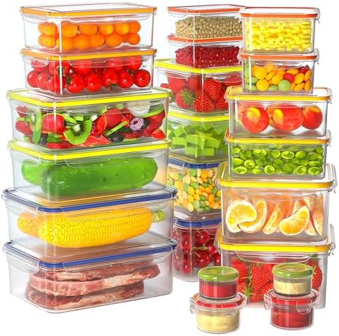 44 PCS Food Storage Containers with Lids Airtight, 100% BPA Free Plastic Meal Prep Containers Reusable, Microwave/Freezer/Dishwasher Safe Clear Leakproof Fruit Vegetables Containers for Kitchen