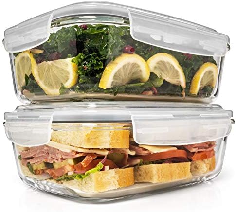 6.5 Cups/ 52 Oz 4 Piece (2 Containers +2 Lids) Glass Food Storage/ Baking Container Set w/Locking Lid - For Storing & Serving BPA Free & Leak Proof - Microwave, Dishwasher, Fridge, Freezer n Oven Safe