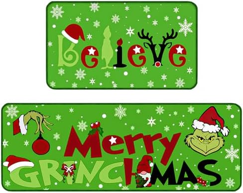 ABONDEVER Christmas Kitchen Rugs Set of 2 Indoor Non Skid Washable Kitchen Mats for Floor Believe Merry Christmas Kitchen Mat Decor (Red&Green)