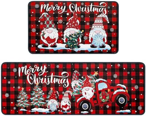 ABONDEVER Christmas Kitchen Rugs Sets of 2, Buffalo Plaid Christmas Decorations Anti Fatigue Rug Non Skid Washable Mats for Home Kitchen Floor (Christmas Gnome)