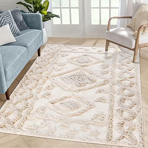 AGELMAT Boho Area Rug 4'x6' Tufted Living Room Rug Large Cotton Farmhouse Rug for Bedroom Aesthetic Beside Mat Washable Throw Carpet for Entry Table Dingning RoomLaundry Beige