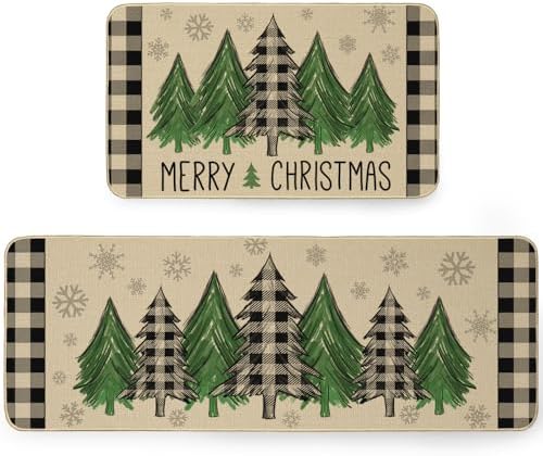 ARKENY Christmas Kitchen Rugs Set of 2, Non-Slip Absorbent Door Mats, Winter Snowflakes Xmas Tree Decorative Kitchen Floor Mat 17x29 and 17x47 Inch AKM004