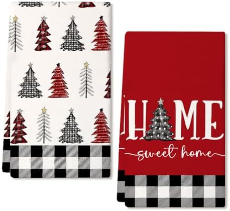 ARKENY Christmas Kitchen Towels Set of 2,Black Buffalo Plaid Watercolor Xmas Tree Dish Towels 18x26 Inch Sweet Home Sign Drying Dishcloth,Farmhouse Home Noel Decoration AD158