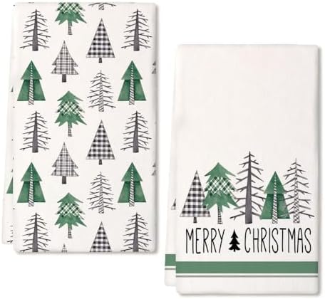 ARKENY Christmas Kitchen Towels Set of 2,Green Buffalo Plaid Xmas Tree Dish Towels 18x26 Inch,Hoilday Farmhouse Home Decoration AD099