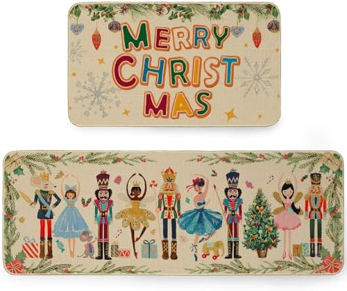 ARKENY Merry Christmas Kitchen Floor Mats Set of 2, Xmas Kitchen Rugs and Mat, Non-Slip Washable Decorations Door Mat17x29 and 17x47 Inch AKM003