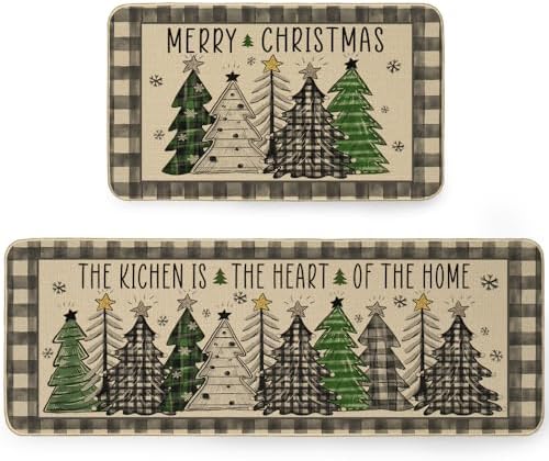 ARKENY Merry Christmas Kitchen Mats Set of 2, Non-Slip Absorbent Rug and Door Mats, Seasonal Xmas Tree Decorative Kitchen Floor Mat 17x29 and 17x47 Inch AKM002