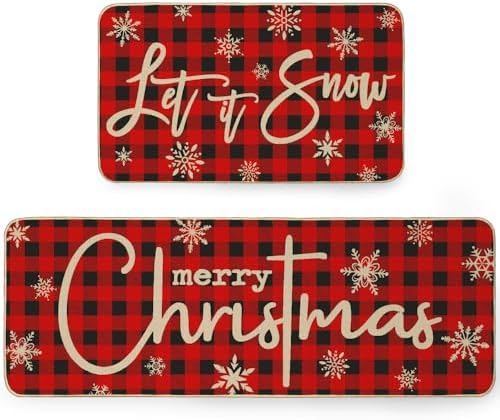 ARKENY Merry Christmas Kitchen Rug Set of 2 ，Winter Snowflakes Decorative Door Mat ，Xmas for Home Kitchen Floor Mats 17x29 and 17x47 Inch AKM006