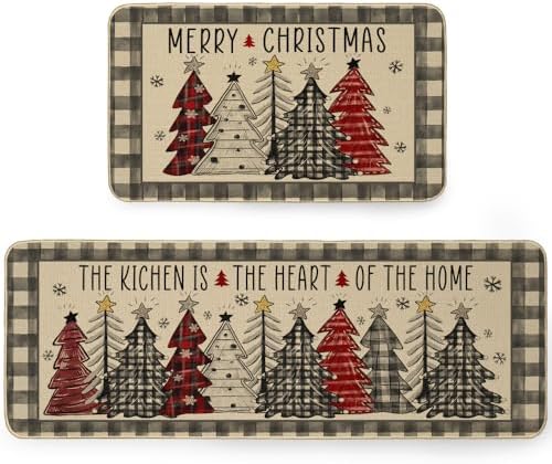 ARKENY Merry Christmas Kitchen Rugs Set of 2 ， Red Xmas Tree Floor Mat,Farmhouse Style Kitchen Decorations for Door Mats- 17x29 and 17x47 Inch AKM001