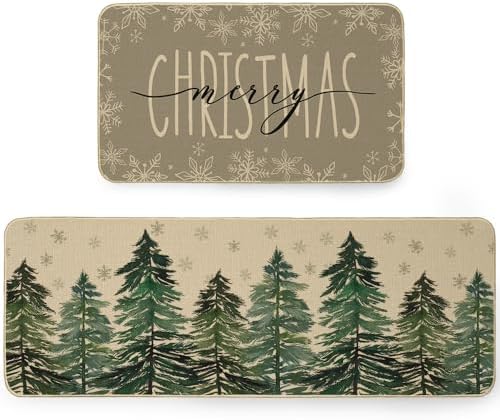 ARKENY Xmas Kitchen Mats Set of 2,Winter Christmas Tree Print Rugs,Home Decor Floor Mat, Non-Slip Absorbent Door Mat - 17x29 and 17x47 Inch AKM005