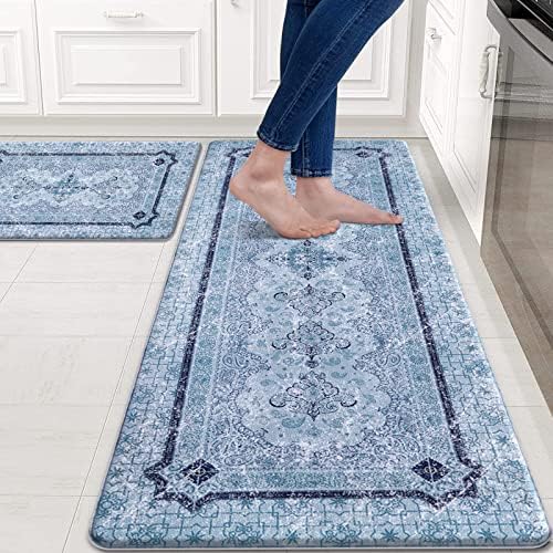 ASPMIZ Boho Kitchen Rugs Set 2 Piece, Farmhouse Kitchen Rugs and Mats Non Skid Washable, Waterproof PVC Kitchen Mats for Floor, Anti Fatigue Floor Comfort Mats, 18'' x 48'' + 18'' x 30'', Blue