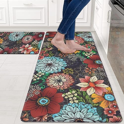 ASPMIZ Boho Kitchen Rugs Set of 2 Non Slip Washable, Farmhouse Floral Kitchen Mats Cushioned Anti Fatigue, Waterproof Rugs for Kitchen Floor Mats for in Front of Sink, 18'' x 48'' + 18'' x 30''