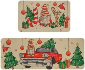 ASPMIZ Christmas Kitchen Rugs and Mats Set of 2, Truck Gnome Kitchen Mats for Floor Washable, Absorbent Christmas Tree Non Slip Kitchen Rugs with Rubber Backing, Xmas Gifts, 48'' x 18'' + 30'' x 18''