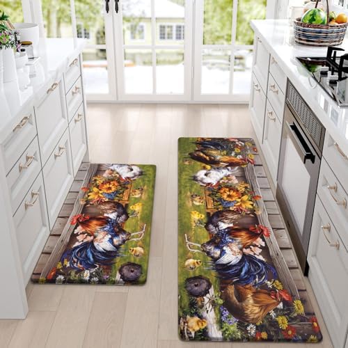 ASPMIZ Farmhouse Kitchen Rugs Set of 2 Anti Fatigue, Non-Skid Waterproof Farm Rooster Kitchen Mats for Floor, Vintage Kitchen Runner Rug Floor Comfort Mat for Kitchen Home,18'' x 48'' + 18'' x 30''