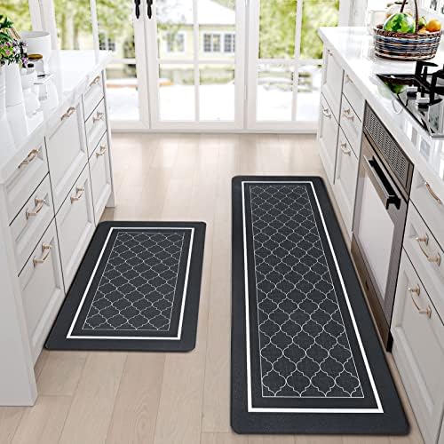 ASPMIZ Kitchen Mat 2 PCS Cushioned Anti-Fatigue Kitchen Rugs Non Slip Memory Foam Kitchen Mats and Rugs Waterproof Kitchen Floor Comfort Mats for Home & Office, 18'' x 48'' + 18'' x 30'', Black