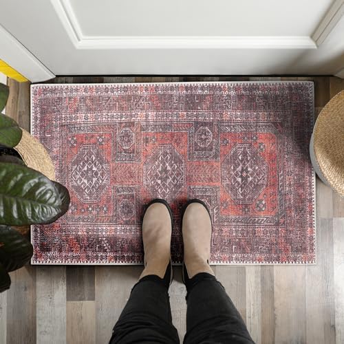 Adiva Rugs Machine Washable Area Rug with Non Slip Backing for Living Room, Bedroom, Bathroom, Kitchen, Printed Vintage Home Decor, Floor Decoration Carpet Mat (RED/Brown, 2' x 3')