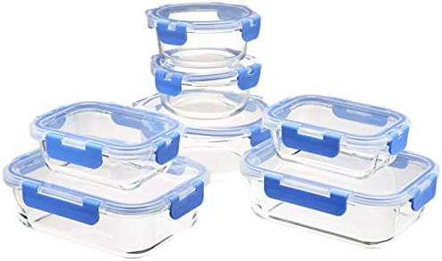 Amazon Basics Glass Food Storage Container with BPA-Free Locking Lid - Set of 14 pieces, clear with blue silicone ring