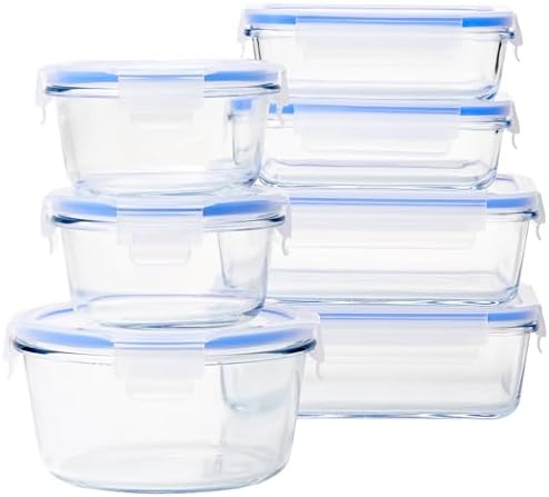 Amazon Basics Glass Locking Lids Food Storage Containers, 14-Piece Set, 7 Count of Bases and 7 Plastic Lids, Clear, Blue