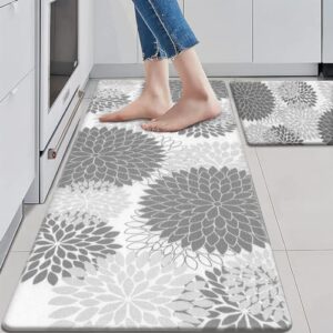 Anti Fatigue Kitchen Mat 2PCS,Boho Floral Kitchen Rugs Non Slip Rubber Backing, Waterproof Farmhouse Kitchen Mat for Floor,Cushioned Standing Mat for Office,Laundry,Sink,Desk,Grey