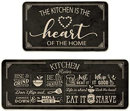 Artoid Mode Black Cooking Sets Kitchen Mats Set of 2, Seasonal The Kitchen is The Heart of The Home Holiday Party Low-Profile Floor Mat for Home Kitchen - 17x29 and 17x47 Inch