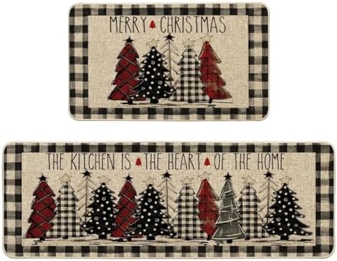 Artoid Mode Buffalo Plaid Xmas Tree Merry Christmas Kitchen Mats Set of 2, Winter Home Decor Low-Profile Kitchen Rugs for Floor - 17x29 and 17x47 Inch