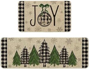 Artoid Mode Buffalo Plaid Xmas Trees Joy Christmas Kitchen Mats Set of 2, Winter Home Decor Low-Profile Kitchen Rugs for Floor - 17x29 and 17x47 Inch