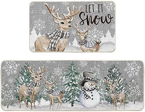 Artoid Mode Deer Tree Let It Sonw Snowflakes Christmas Kitchen Mats Set of 2, Winter Decor Low-Profile Kitchen Rugs for Floor - 17x29 and 17x47 Inch