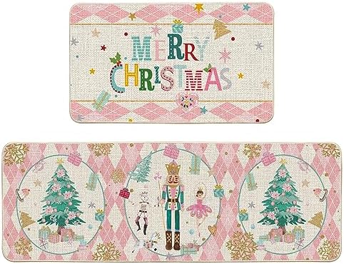 Artoid Mode Diamond Plaid Nutcracker Merry Christmas Kitchen Mats Set of 2, Winter Decor Low-Profile Kitchen Rugs for Floor - 17x29 and 17x47 Inch