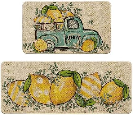 Artoid Mode Eucalyptus Lemon Truck Summer Kitchen Mats Set of 2, Spring Home Decor Low-Profile Kitchen Rugs for Floor - 17x29 and 17x47 Inch